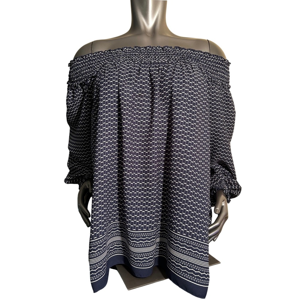 Max Studio Womens Off the Shoulder Long Sleeve Blouse Blue Smocked Size M Pirate